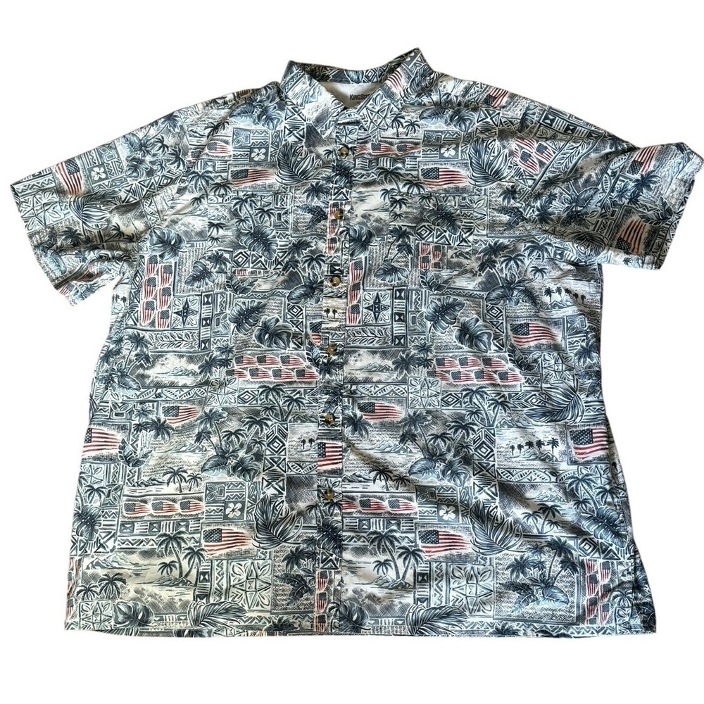 King Size Hawaiian American Flag Tikki Button Up Shirt Vacation 4XL Tall‎